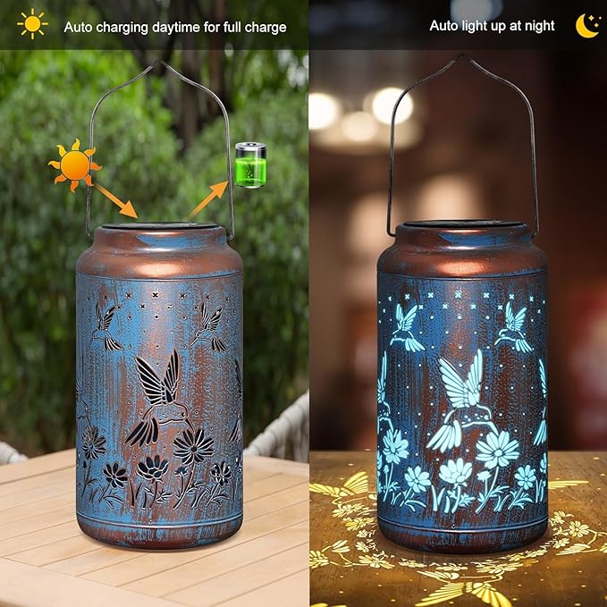 pearlstar Hummingbird Lantern Solar Hanging Lights Outdoor Decorative Solar Lantern Waterproof for Table Patio Yard Garden Lawn Landscape Lighting, Gardening Gifts for Women Men，Hummingbird-Blue