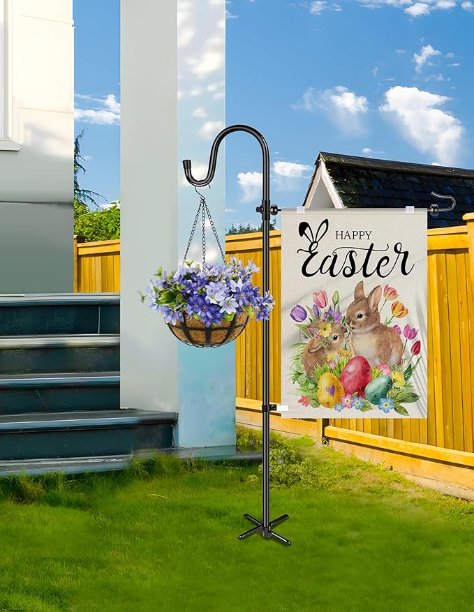 Garden Flag Holder Stand with Shepherd Hook for 14'' x 20'' Flags Upgraded Flagole with 2 Spring Stoppers and 1 Clip, Yard Garden Flag Holder for Flags Weather-Proof (Without Solar Lights & Flag)