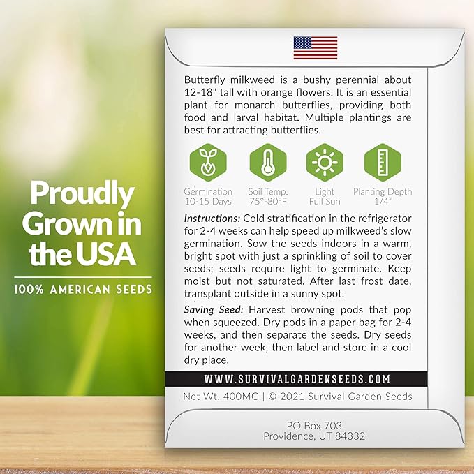 Butterfly Milkweed Seeds for Planting - 2 Packs with Instructions to Grow Asclepias Tuberosa - Attract Butterflies & Help Conservation - Non-GMO Heirloom Open-Pollinated - Survival Garden Seeds