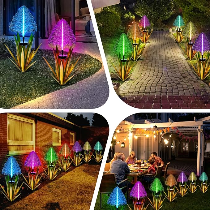Metal Outdoor Decoration Gift Metal Agave Plants Outdoor Decor, Agave Yard Art Garden Lights Solar Outdoor, 7 Color Changing Garden Yard Pathway Xmas Decor Waterproof (1 pcs Light Green)