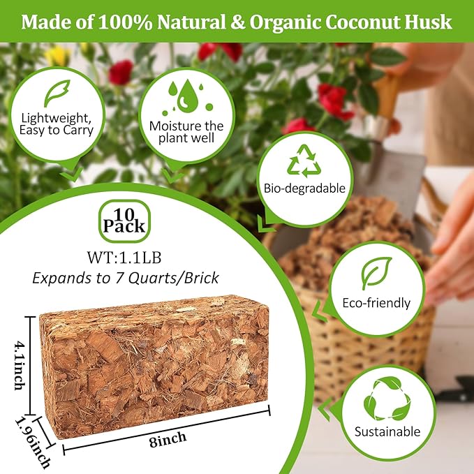 Riare 10 Pack Coco Chips Substrate for Plants- 11lb 100% Organic Coconut Husk Brick with Low EC and pH Balanced, High Expansion Coconut Substrate Coco Husk Mulch for Garden Flowers, Herbs, Planting