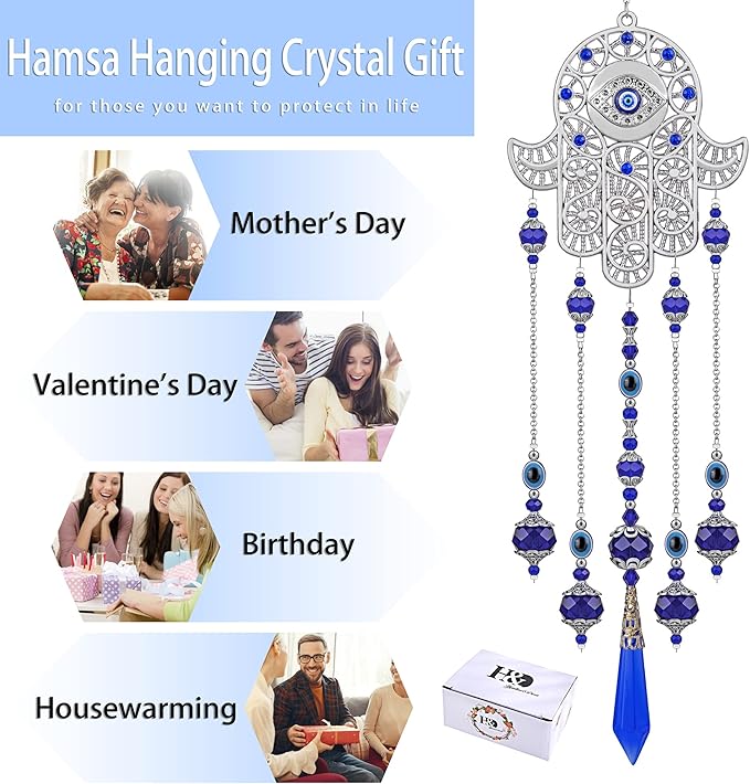 Crystal Prism Suncatcher Ornament with Hamsa Fatima Hand Protection Charm Turkish Greek Blue Evil Eye Sapphire Crystals Beads for Window Hanging Decoration
