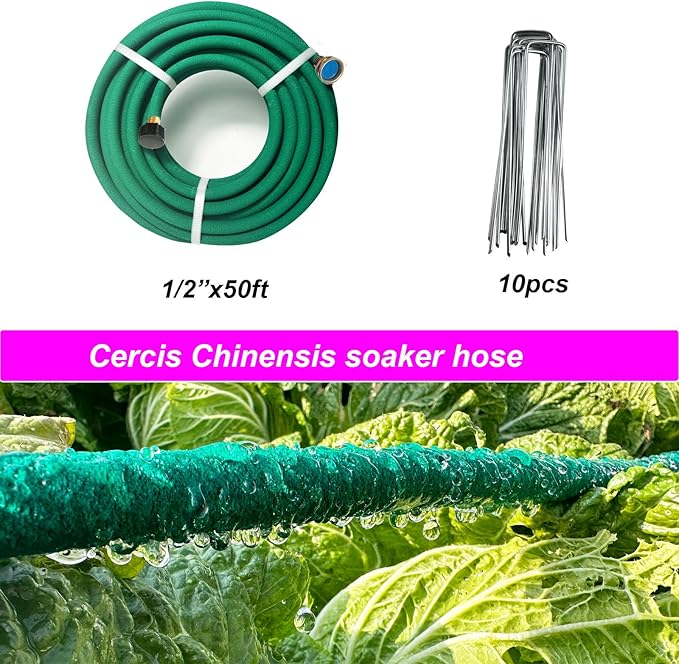 Soaker Hose 1/2inchx 50ft With Brass End,Green Rubber Hose Water Saving up to 70%,Durable Flexible Soaker Hose that irrigation for Patio Lawn,Trees,Vegetables and Flowers.