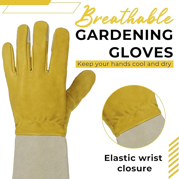 HANDLANDY Rose Pruning Gloves for Men & Women, Thorn Proof Long Garden Gloves, Gardening Gifts for Gardeners (Yellow- Goatskin, X-Large (Pack of 1))
