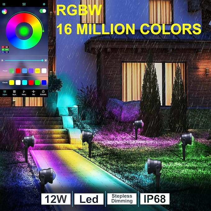 Smart APP Outdoor Landscape Spotlights IP68 Waterproof, RGB Color Changing Music Sync LED Landscaping Lights, Suction/Insertion Type Low Voltage Landscape Lighting for Christmas Halloween Decorations