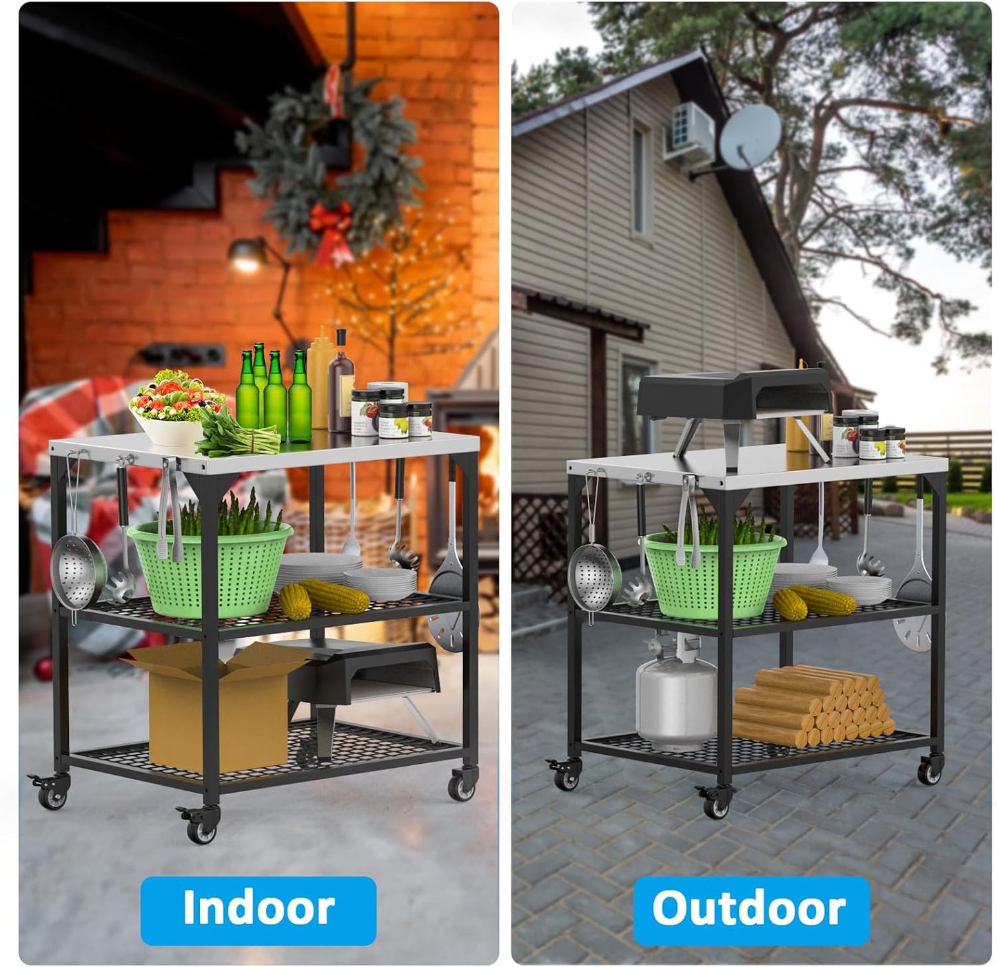 Outdoor Grill Cart 31x24x35 Pizza Oven Table for Ooni Blackstone Ninja Woodfire Flat-top Grills Stainless Steel Trolley Three-Shelf Movable Food Prep and Work Stand Table with Waterproof Cover