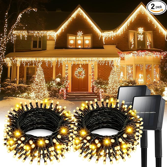 Solar String Lights for Outside, 2 Pack 100 Led Solar String Lights Outdoor Waterproof 100ft Solar Fairy Lights 8 Lighting Mode Solar String Lights Idea for Garden,Courtyards,Trees(Warm White)