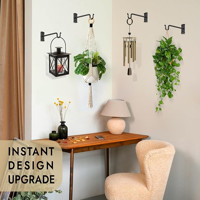RTZEN Plant Hangers Outdoor or Indoor - Wrought Iron Metal Hanger Indoor Hook - Heavy Duty Wall Bracket Hooks for Hanging Plants Baskets Lanterns Wind Chimes - 2 Pack (Black Shepherds Hooks)
