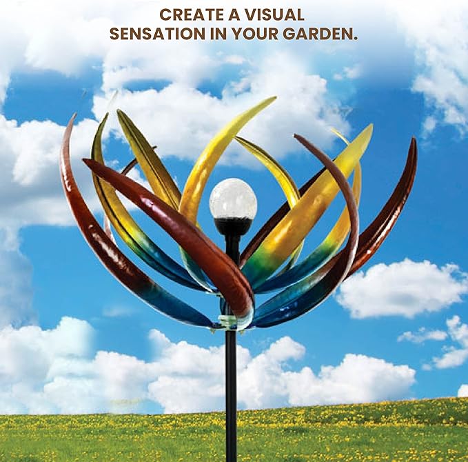 Bits and Pieces - 74" Multi-Color Tulip Wind Spinner - Yard Decorations - Solar Powered Glass Ball - Garden Decoration - Tulip Yard Art