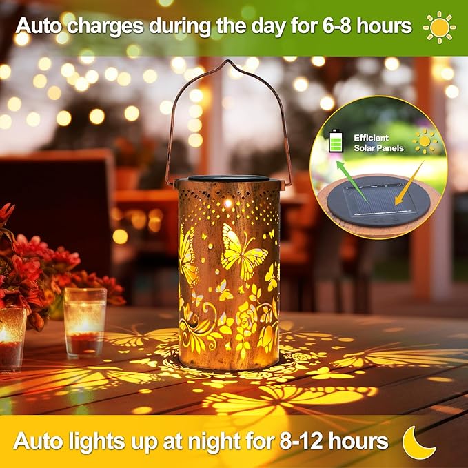 2 Pack Butterfly Solar Lanterns Outdoor Hanging Lantern Lights, Butterfly Hollowed-Out Metal Decor Lantern, Waterproof LED Decorative Garden Light - Delicate Garden Decoration