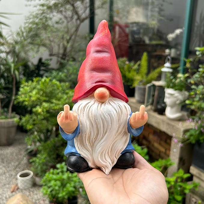 Middle Finger Gnome Statue 7.8in， Naughty Garden Gnome Statue Decoration and Lawn Ornament - Funny Garden Gnomes for Outdoor or Home Decor, Red, WSH004