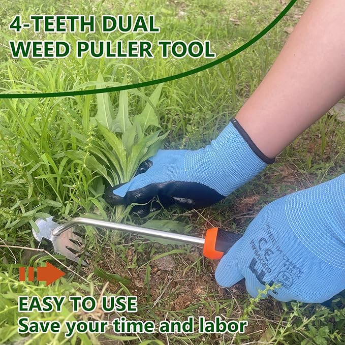 Weed Puller Tool, Weeding Artifact Uprooting Weeding Tool with Rubber Handle, Weeding Tools Gardening of 4 Teeth Manganese Stainless Steel, Weed Remover Tool with Gloves for Yard and Farm (Sliver)
