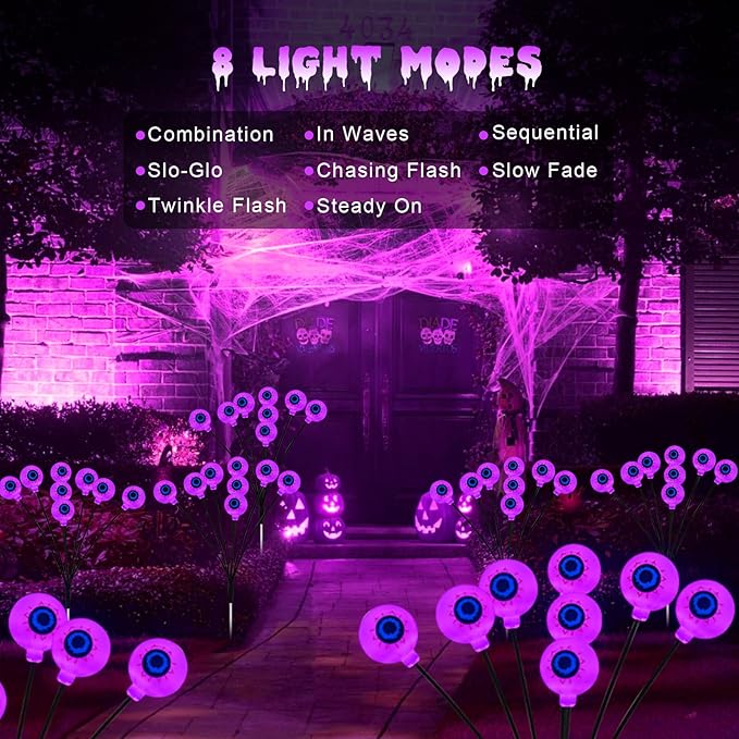 Solar Eyeball Lights Outdoor Waterproof 4 Pack 32 LED Halloween Eyeball Lights 8 Modes Scary Eyeballs Swaying Lights Eyeballs Halloween Decoration for Outside Yard Garden Party Decor (Purple)