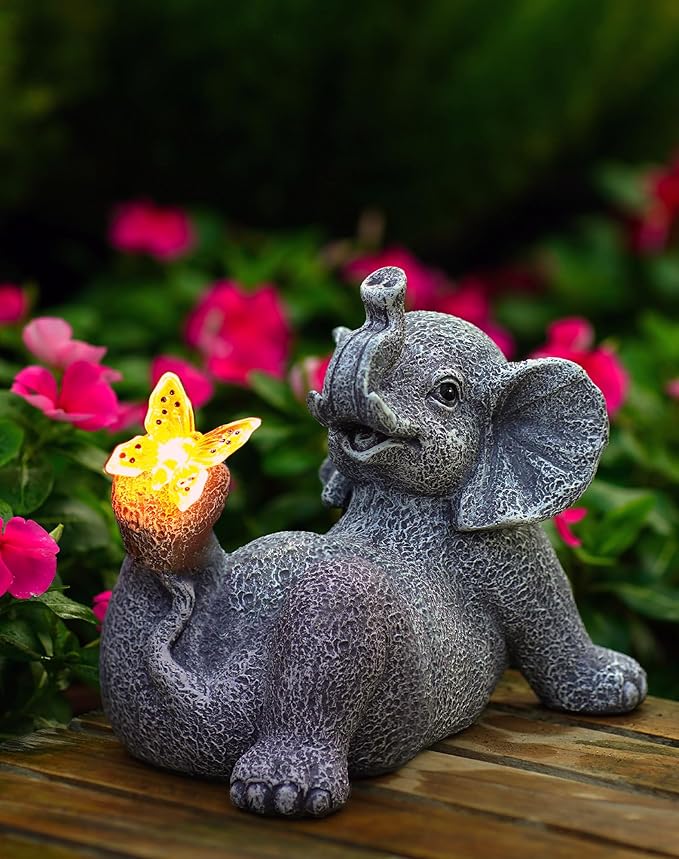 Goodeco Elephant Statue with Solar Butterfly - Ideal Gifts for Women, Mom or Birthdays, Beautifully Crafted Outdoor Decorations to Wow Your Guests