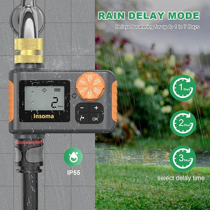 Sprinkler Timer, Hose Timer with Brass Inlet, Water Hose Timer with Rain Delay/Manual/Auto Watering, Auto Irrigation Timer for Yard & Greenhouse, IP55 Waterproof