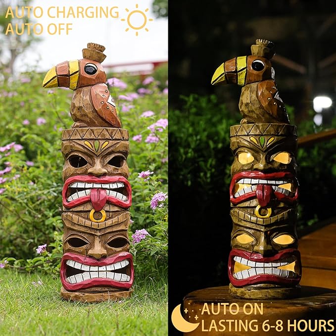 Outdoor Tiki Statue Decoration-Solar Garden Figurine - Woodpecker Waterproof Unique Housewarming Gifts for Women Patio,Balcony,Yard,Lawn Decor 15 Inch Tall