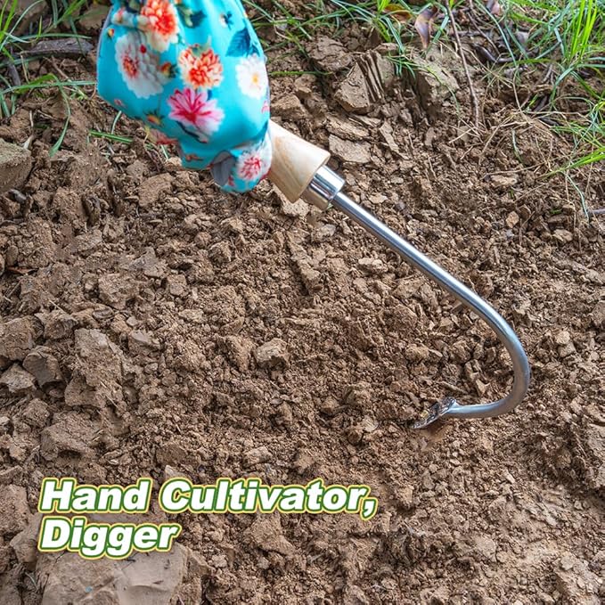 Berry&Bird Weed Puller Tool, Crack Weeder Cultivator Garden Hand Tools, Durable Curved Head Hook & Wooden Handle, Garden Digging, Edging, Planting Remover Tool for Patio Lawn Yard Moss Terrace Paving