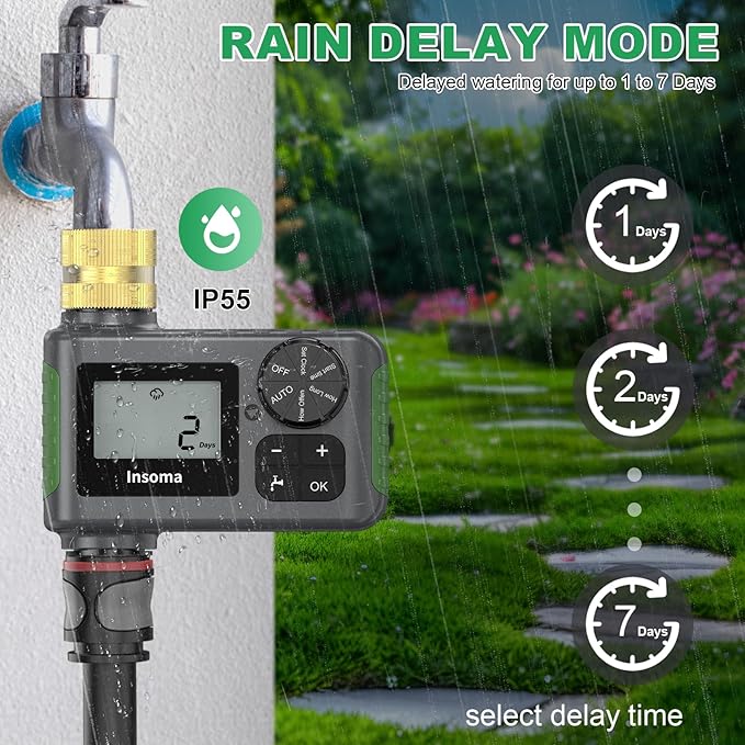 Sprinkler Timer Brass Inlet, Hose Timer for Watering, Programmable Water Timer with Rain Delay/Manual/Automatic Irrigation System, Digital Water Hose Timer for Outdoor Lawn Garden, IP55 Waterproof