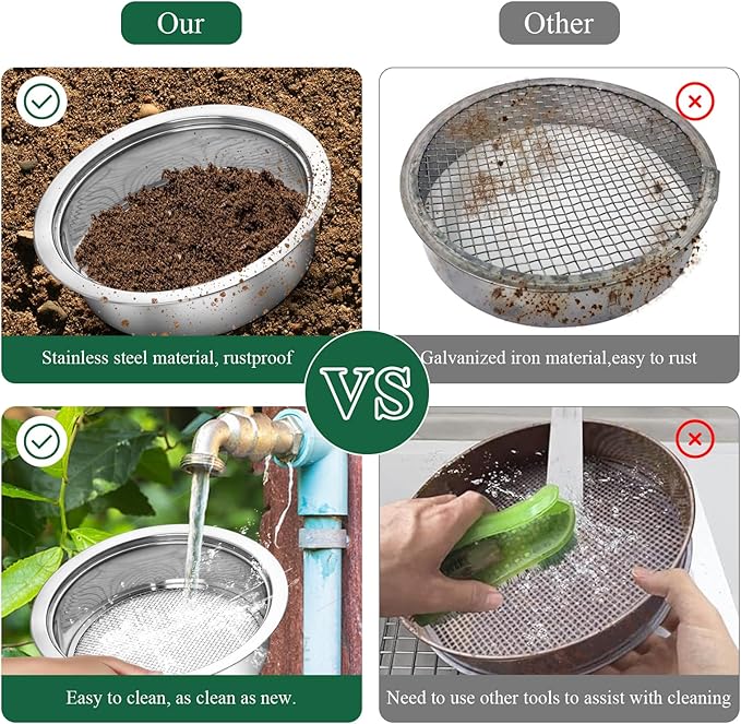 Soil Sifter, Soil Sifter for Rocks with 3 Sieve Mesh, 3mm 6mm 9mm, Stainless Steel Rock Sifter, Garden Potting Sieves with Shovel, Fine Mesh Sieve for Topsoil, Fine Sand