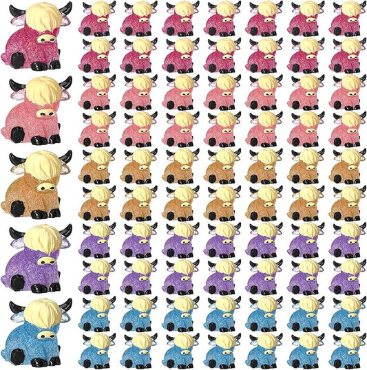 75 Pcs Mini Highland Cow Figurines Bulk Glitter Highland Cow Statues Mini Resin Animals Cute Tiny Resin Figures Animals Sculpture Ornament for Cake Topper Home Office Desk Decorations