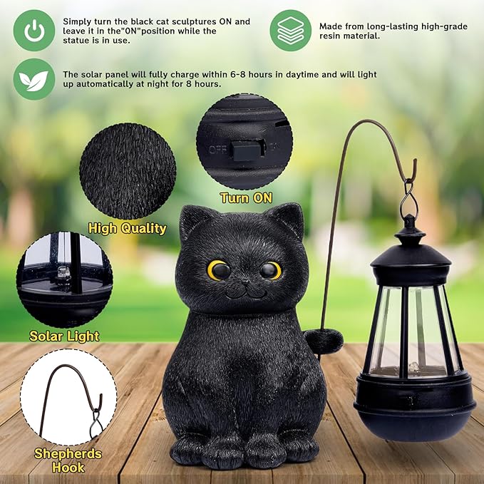 Solar Garden Statue Cat Figurine, Black Cat Statues Garden Decor with LED Light Outdoor Statue for Yard Patio Balcony Lawn Ornament, Housewarming Gifts for Grandma Mom Dad