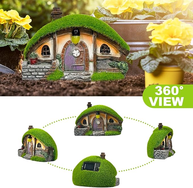 Garden Statue and Fairy House with Solar Lights – Resin Outdoor Figurine Lights, Cottage Yard Decor for Porch & Lawn