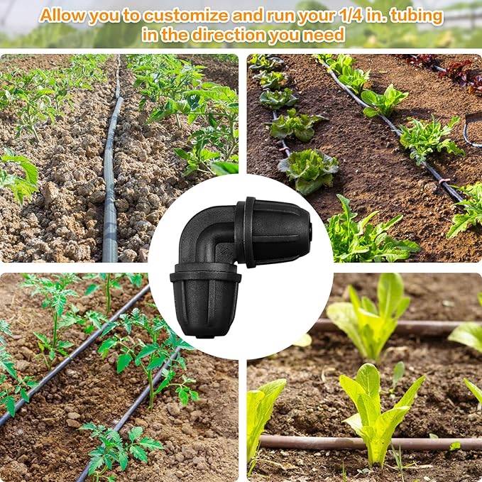 JAYEE Drip Irrigation Fittings 1/4 Inch, 25 Pcs Barbed Locked Elbows for 1/4 In Tubing, Drip Line Parts Irrigation Connectors with Lock Nut for Drip Sprinkler Garden Lawn Watering Systems, Black