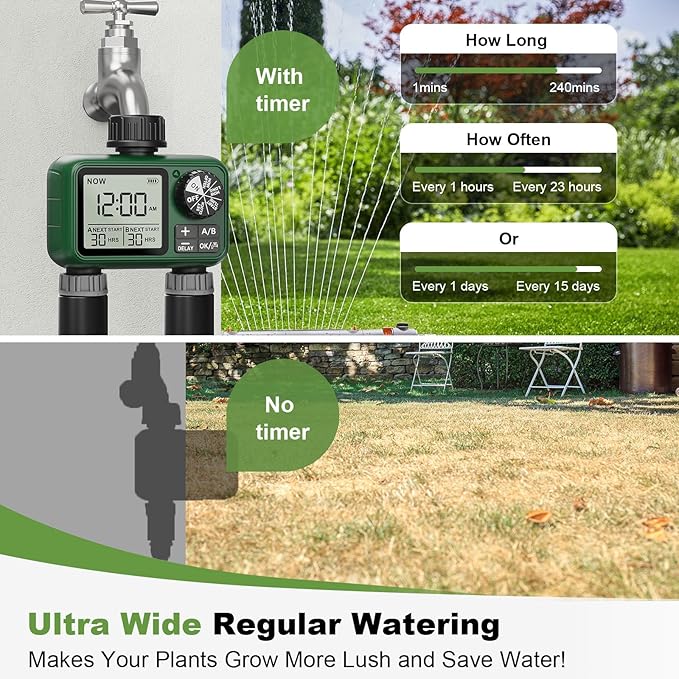 2 Outlet Sprinkler Timer, XinFuture Water Timer, Programmable Garden Hose Timer with Rain Delay, Manual& Automatic Watering System, Waterproof Digital Irrigation Timer for 2 Separate Watering Zones