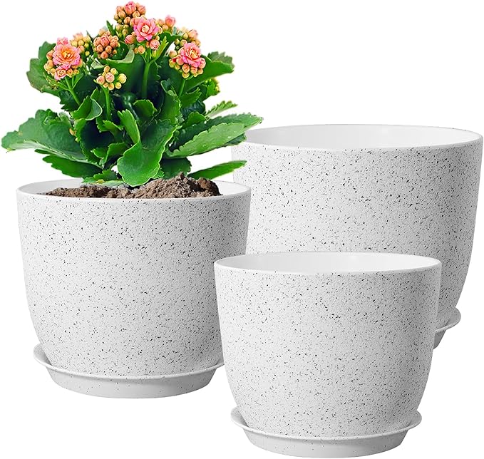 Large Flower Pots 12/10/9 inch, Set of 3 Modern Decorative Plastic Planters with Drainage Holes and Saucers for Garden House Plants, Plant Pots for Indoor Outdoor Plants, Speckled White