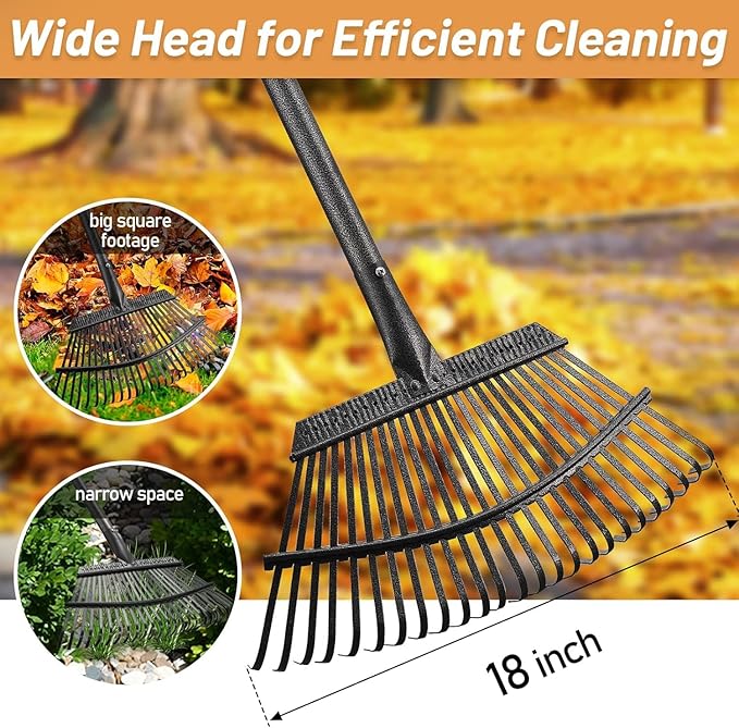 Rake, Garden Rake for Leaves, Leaf Rake Heavy Duty for Yard,Lawn,Shrub,Grass,Mulch, 18" Metal Head,6ft Adjustable Long Handle,Adults Kids Rake for Gardening