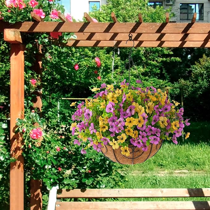 Artificial Faux Hanging Plants Flowers Basket for Spring Outdoor Decoration, Fake Silk Daisy in Planter Realistic UV Resistant Look Real for Porch Home Patio Balcony Yard(Purple Yellow)