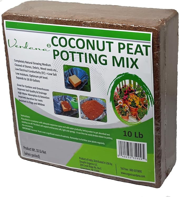 Verdana Coco Coir Brick Potting Mix - 10 Lb Compressed Block – Coconut Fiber, Coco Peat, Coir Pith - Alternative to Peat Moss – Soilless Growing Medium - Low EC, Optimum pH, High Expansion