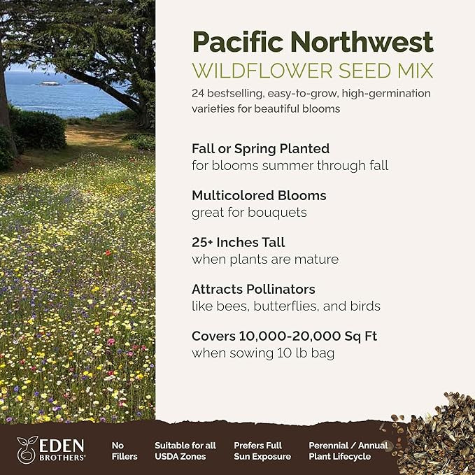 Eden Brothers Pacific Northwest Wildflower Mixed Seeds for Planting, 10 lb, 4,800,000+ Seeds with Cornflower, CA Bluebell | Attracts Pollinators, Plant in Spring or Fall, Zones 3, 4, 5, 6, 7, 8, 9, 10