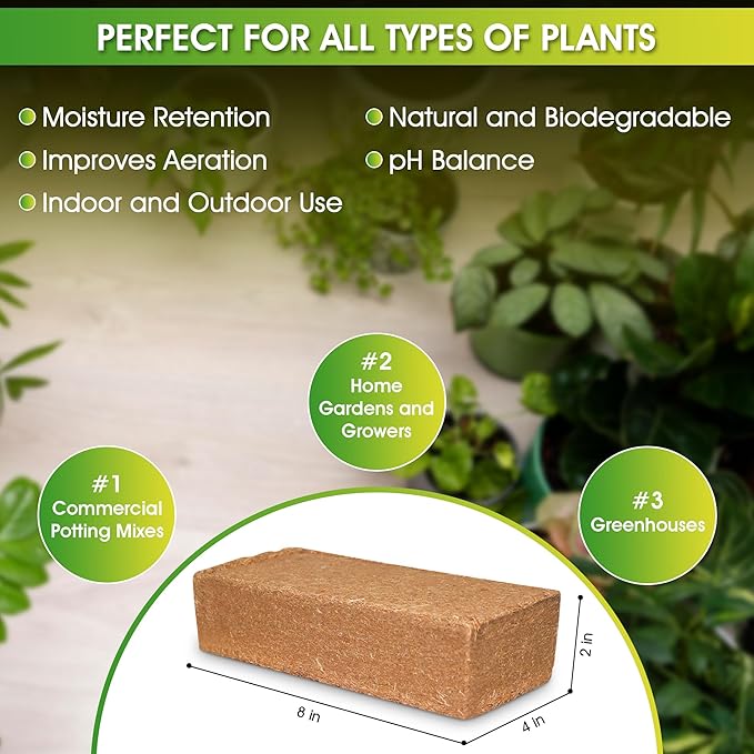 Premium Coco Coir Bricks, 4 Pcs, 100% Organic Compressed Coconut Coir Starting Mix with Low EC & pH Balance for Gardening, Potting Soil, Herbs, Flowers, and House Plants