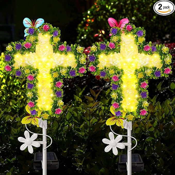 YJFWAL Solar Flowers Cross Garden Stake Lights, Yard Solar Lights Cemetery Decorations for Grave Outdoor Jesus Cross Sympathy Memorial Gifts for Grandmother, Garden Yard Lawn Patio Pathway