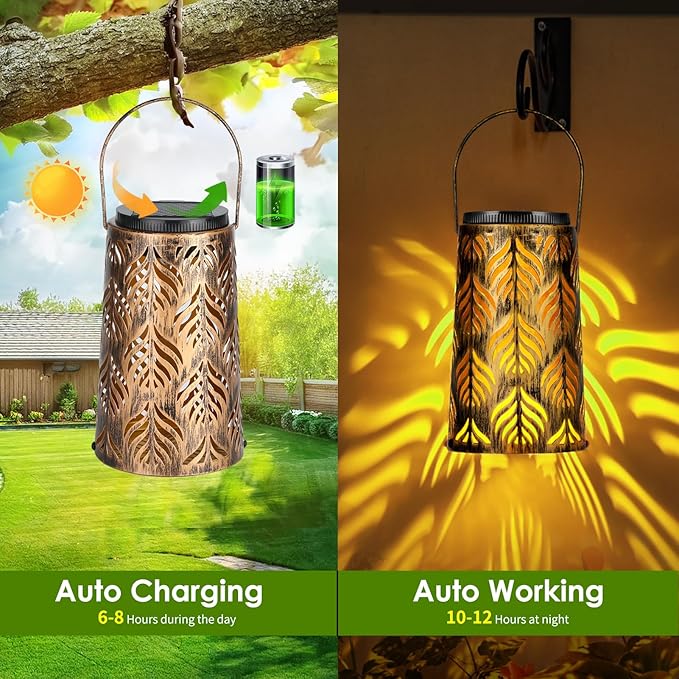 2 Pack Palm Leaves Solar Lantern, Solar Lights Outdoor Waterproof, Outside Hanging Lanterns Garden Lights for Yard Porch Decorative, Thanksgiving Birthday Mothers Day Gifts for Women Men Mom
