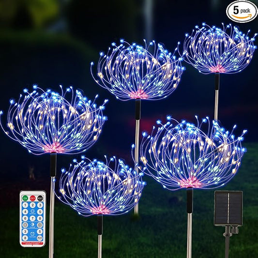 5 Pack Outdoor Solar Garden Lights, Solar Firework Lights 600 LED Waterproof Lamps Decorative, Fireworks Lamp 8 Modes Landscape Lights with Remote for Pathway Backyard Walkway Patio Christmas Party