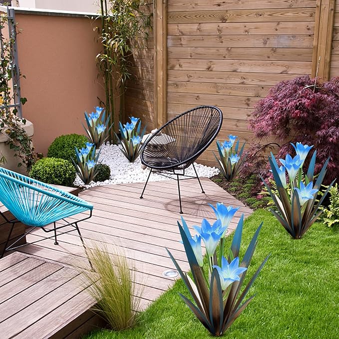 Homight Metal Agave Plant Outdoor Decoration Outdoor Garden Decoration Lily Mexican Yard Art Plant Garden Agave Lily Decorative Garden Gift… (3 Big Blue Lilies)