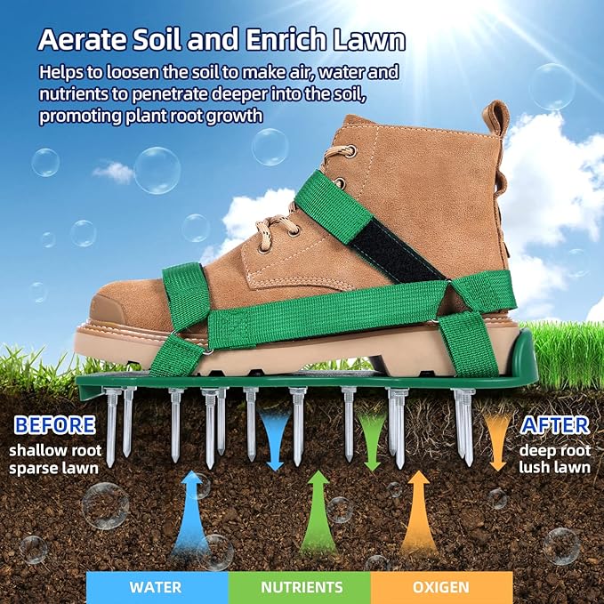 Ohuhu Lawn Aerator Shoes for Grass: Free-Installation Aeration Shoes with Stainless Steel Shovel, Heavy Duty Spike Aerating Sandals Lawn Equipment Tool with Hook & Loop Straps for Yard Patio Garden