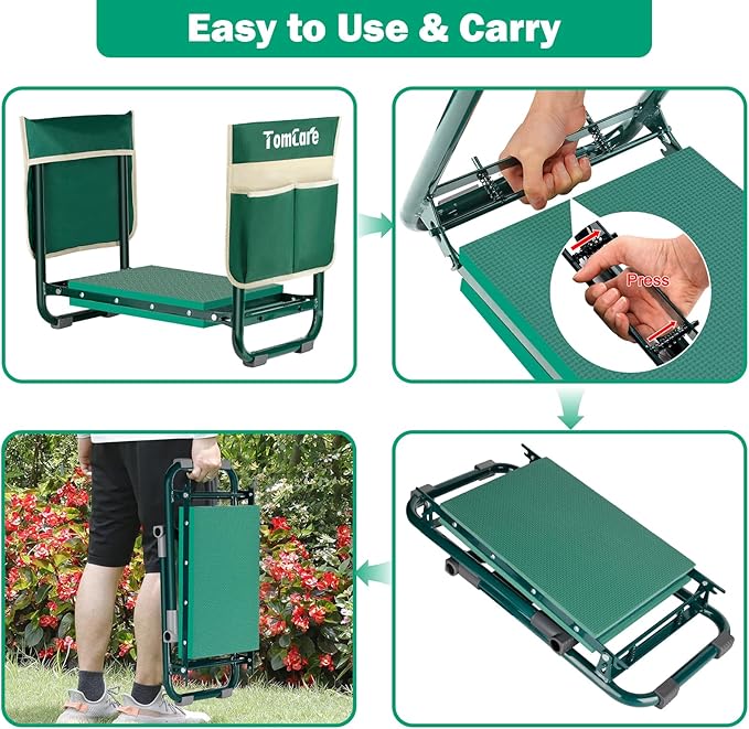 TomCare Garden Kneeler and Seat 10.24” Wide Kneeling Pad Garden Bench with 2 Tool Pouches Heavy Duty Stable Garden Stool Foldable Garden Tools Gardening Gifts for Women Men Seniors Gardeners, Green