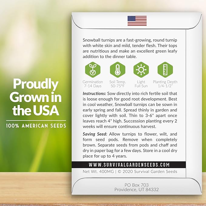 Survival Garden Seeds - Turnip Snowball Seed for Planting - 5 Packs with Instructions to Plant and Grow Root Vegetables and Greens in Your Home Vegetable Garden - Non-GMO Heirloom Variety - Fall Seeds