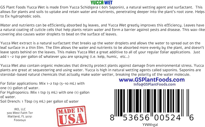 Yucca Wet, Liquid Yucca Extract- Organic wetting Agent and surfactant, Now in 32 oz Concentrate