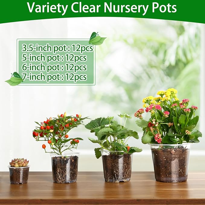 48 Pack 7/6/5/3.5 Inch Clear Plastic Pots for Plants, Clear Nursery Pots with Drainage Holes, Reinforced Plastic Nursery Pots Variety Pack