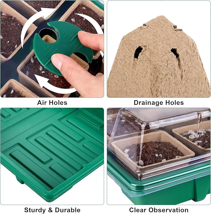 6 Pack Seed Starter Tray Kit with 120 Square Peat Pots for Seedlings, Including Plants Labels, Planting Tools, Growing Trays Plastic Germination Tray Paper Starter Pods for Plant Seeds, Green