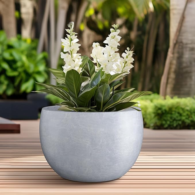Kante 19.9" Dia Lightweight Concrete Outdoor Round Bowl Planter, Outdoor/Indoor Large Planters Pots with Drainage Hole for Garden Patio Balcony Deck Living Room, Slate Gray