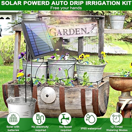 12 Timer Modes Solar Drip Irrigation System - Auto Drip Irrigation Kits with Anti-Siphon Supports 20-30 Pots, Solar Powered Garden Watering System for Indoor & Outdoor Plants, 3W, 65.6 FT