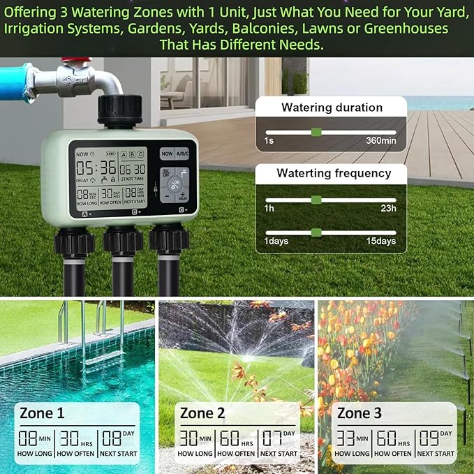 3 Outlet Sprinkler Timer Brass, XinFuture Water Timer, Programmable Garden Hose Timer with Rain Delay, Manual& Automatic Watering System, Waterproof Digital Irrigation Timer for 3 Separate Water Zones