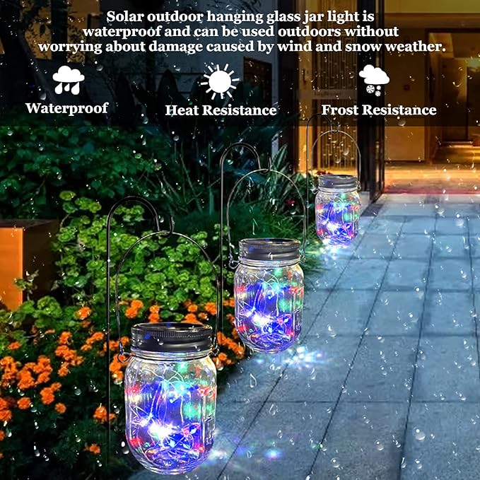 Hanging Solar Mason Jar Lights,ZQX 4 Pack 20 Led String Hanging Mason Jar Lanterns for Outdoor,Great Decor Light for Outside Patio Garden Yard Fence Wedding Table,Hangers and Jars Included（Multicolor）
