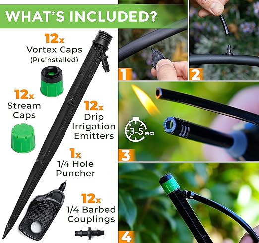 CARPATHEN 12pcs Drip Irrigation Emitters - Compatible with ¼ inch Drip Irrigation Tubing - 360 Degree Adjustable Flow Garden Irrigation Drippers for Drip Irrigation System - Spare Parts Included