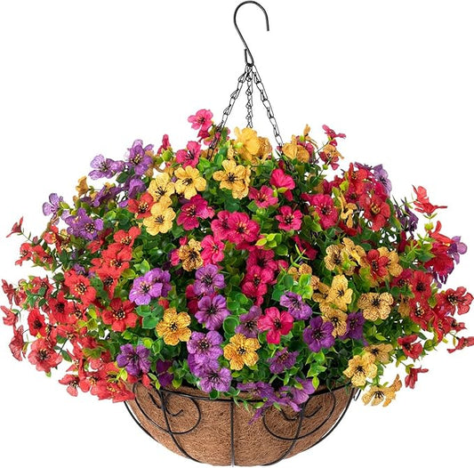 Artificial Faux Hanging Plants Flowers Basket for Summer Outdoor Outside Decoration, Fake Silk UV Sun Resistant Look Real Colorful Daisy Eucalyptus for Porch Home Patio Balcony Yard